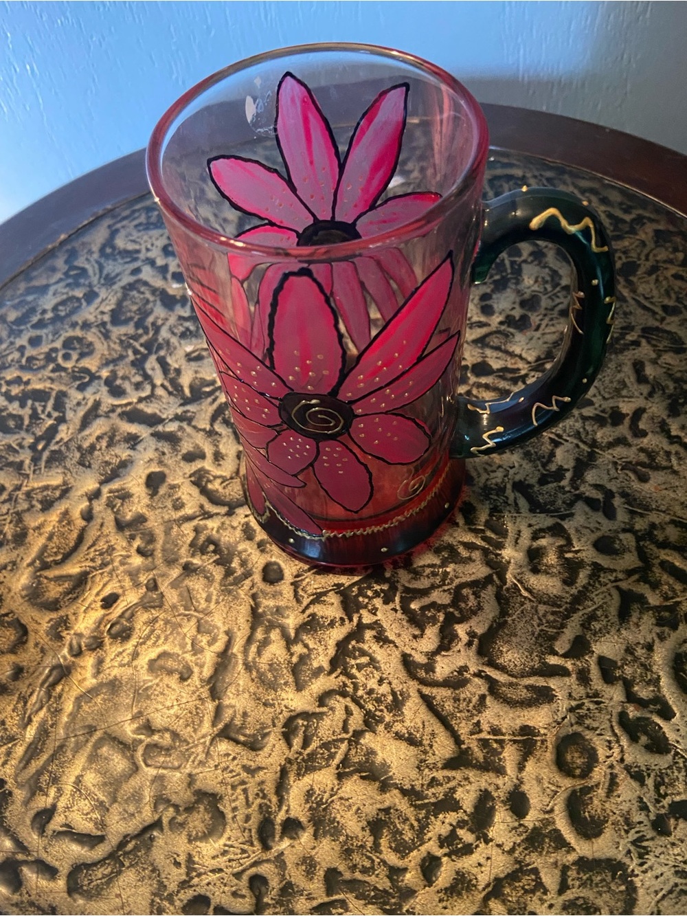 Hand-Painted Floral Glass Mug in Pink with Gold Accents